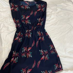 Navy mini dress with a bird pattern and cinched waist. GAP size M
